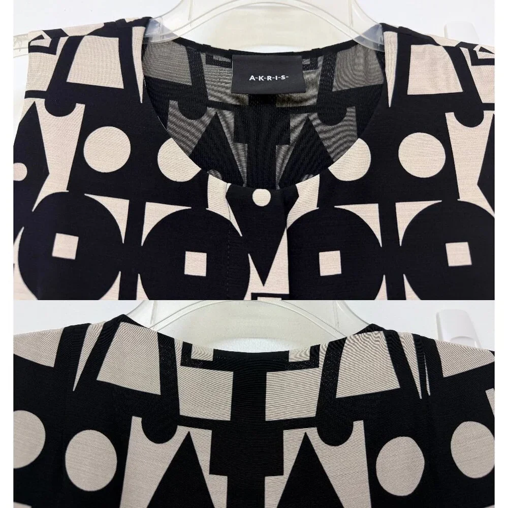 Akris Kaleidoscope Print Maxi Dress Pleated Black White Geometric Wool Silk 6 - Picture 4 of 16